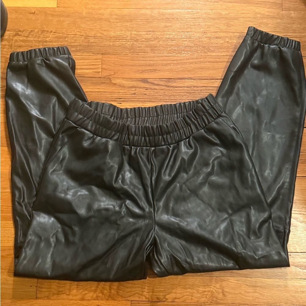 Peace Love World Black Faux Leather Track Pants